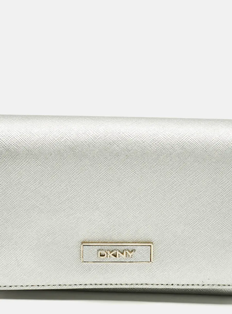 Dkny Logo Flap Silver Leather Wallet