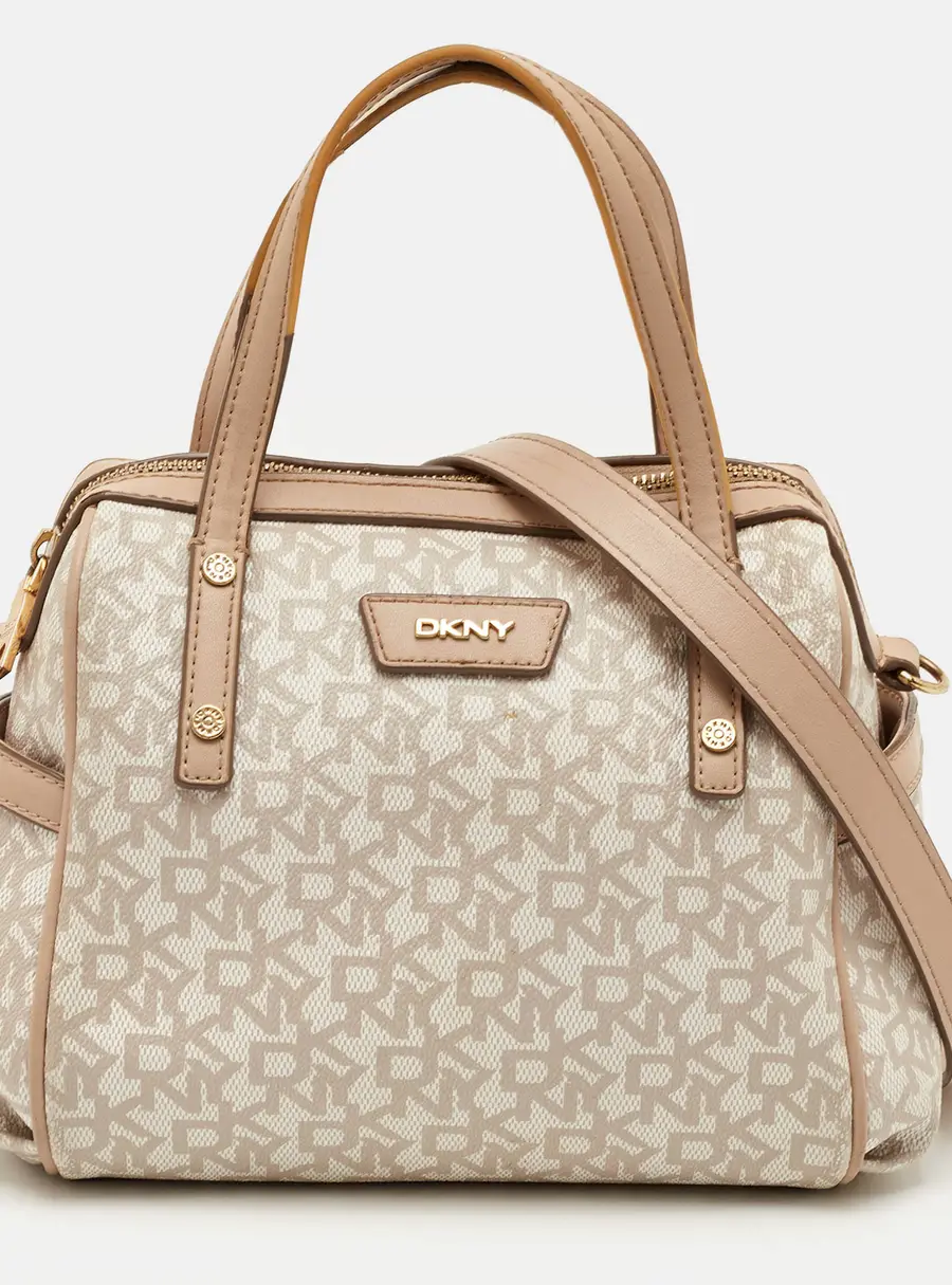 DKNY Beige/White Signature Coated Canvas and Leather Top Zip Satchel