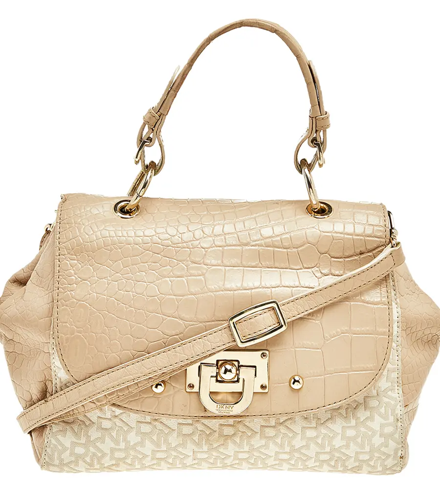 Dkny Beige/White Signature Coated Canvas And Leather Satchel