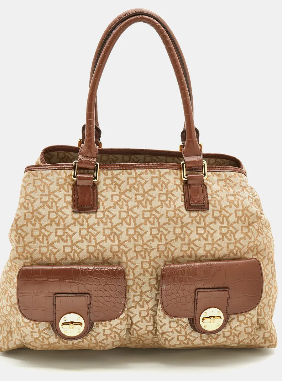 DKNY Beige/Brown Monogram Canvas and Croc Embossed Leather Turnlock Pocket Bag