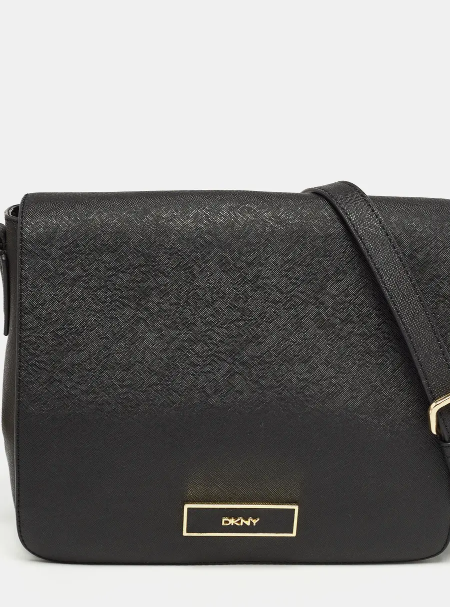 DKNY Black Leather Logo Flap Shoulder Bag