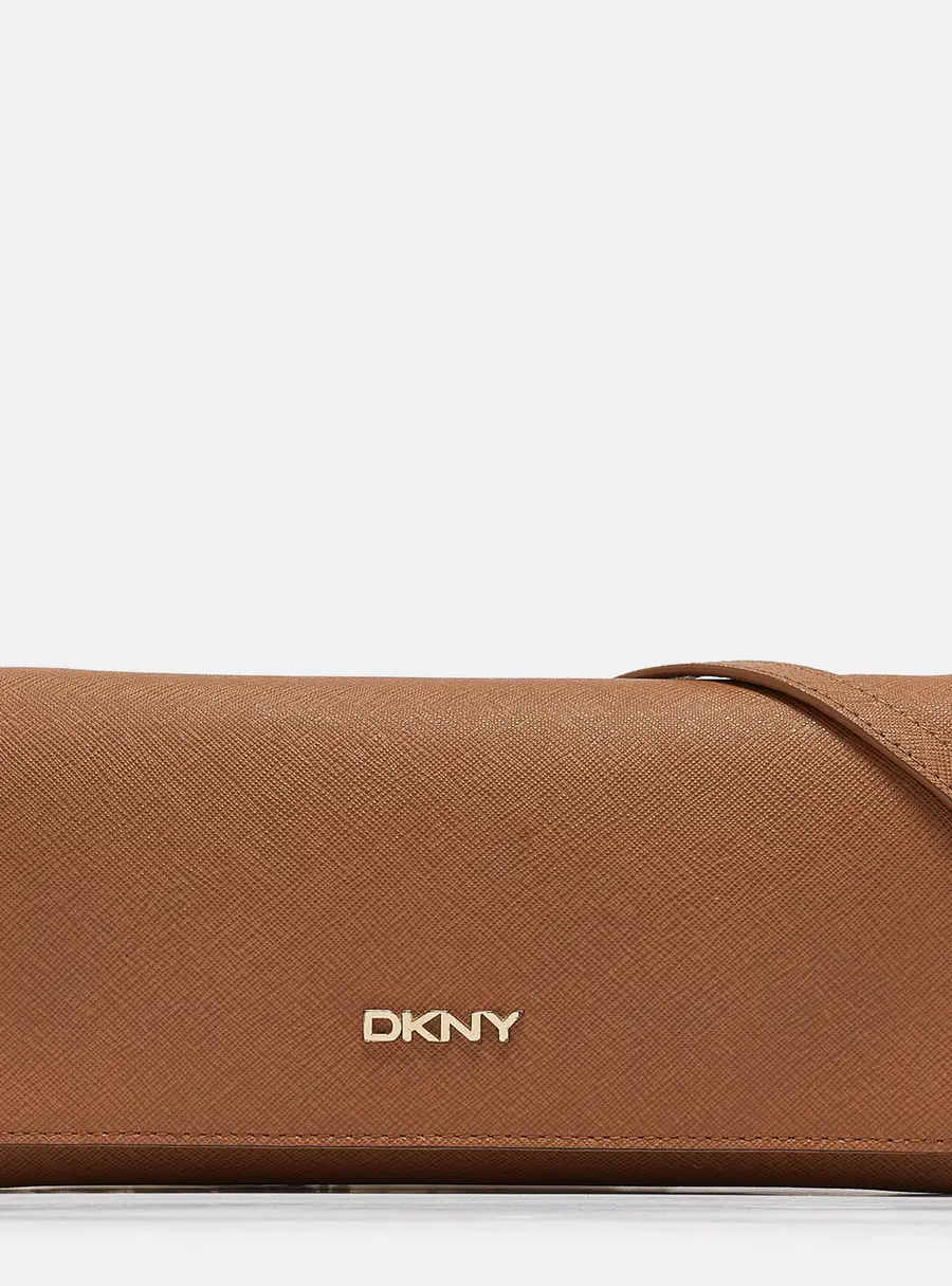 DKNY Brown Saffiano Leather Flap Wallet on Chain