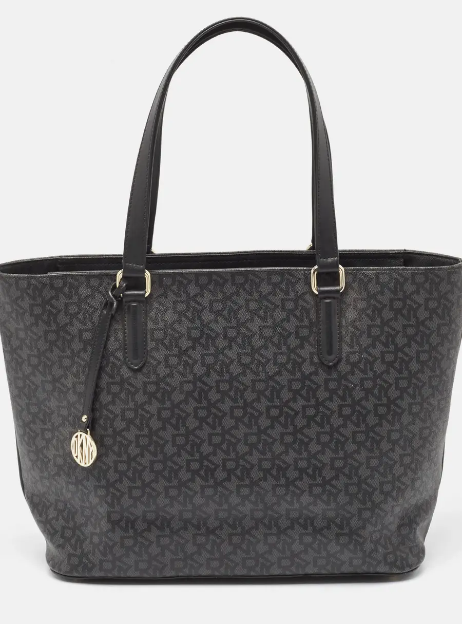 Dkny Black Monogram Coated Canvas and Leather Top Zip Tote