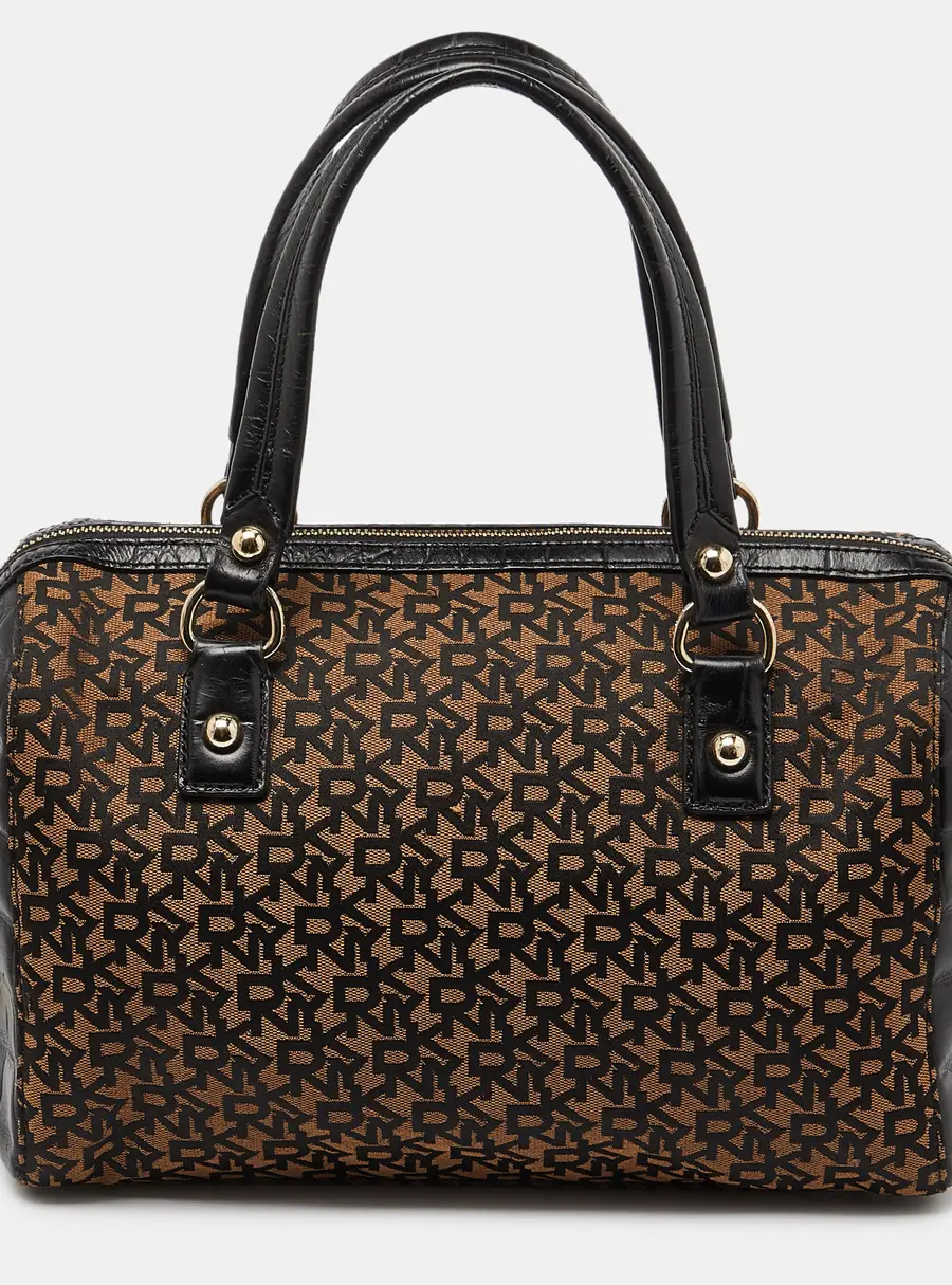 DKNY Brown/Black Signature Canvas and Croc Embossed Leather Satchel
