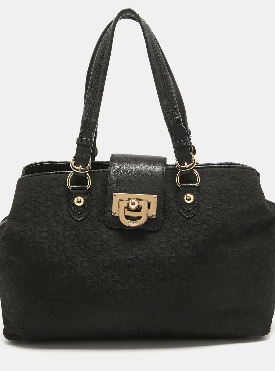 Dkny Black Monogram Canvas and Leather Flap Tote