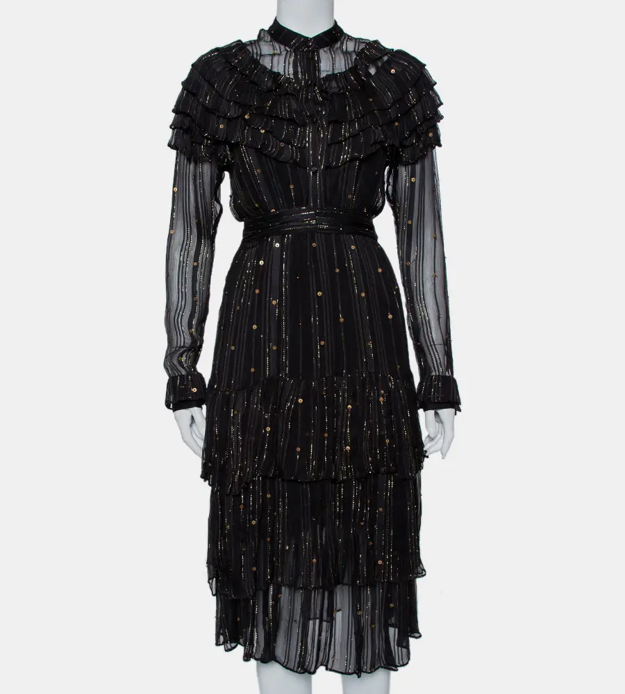 Dodo Bar Or Black Lurex Chiffon Ruffle Detail Tiered Belted Midi Dress M