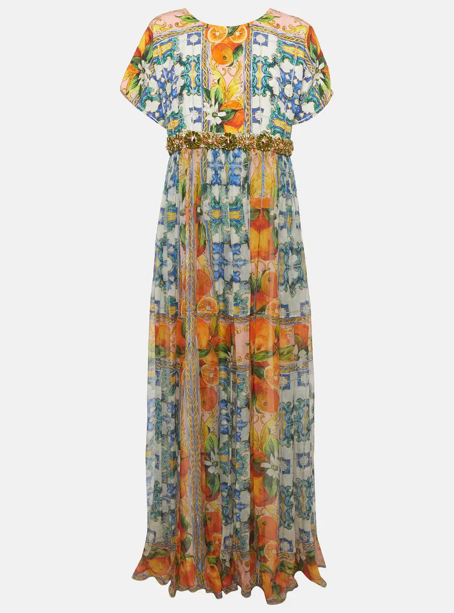 Dolce and Gabbana Multicolour Majolica Print Silk Embellished Maxi Dress L