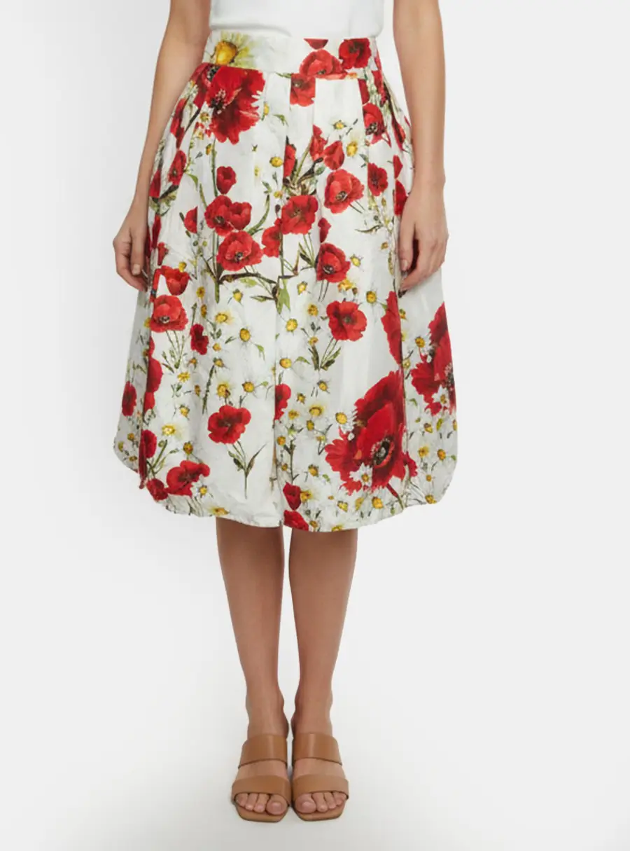 Dolce & Gabbana White and Red Floral Printed Cotton and Silk Pleated Skirt S