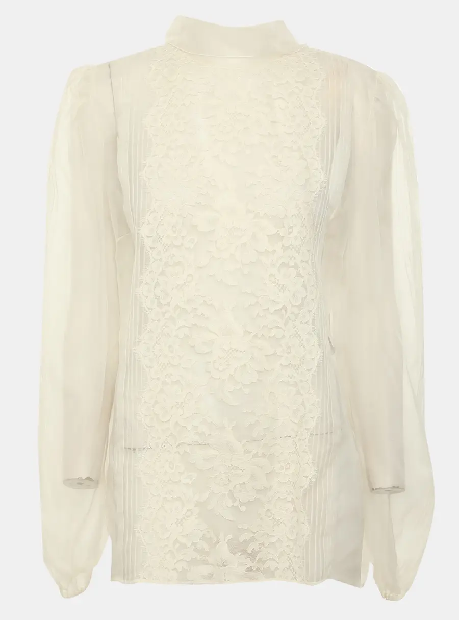 Dolce & Gabbana White Tulle and Lace Long Sleeve Tops L