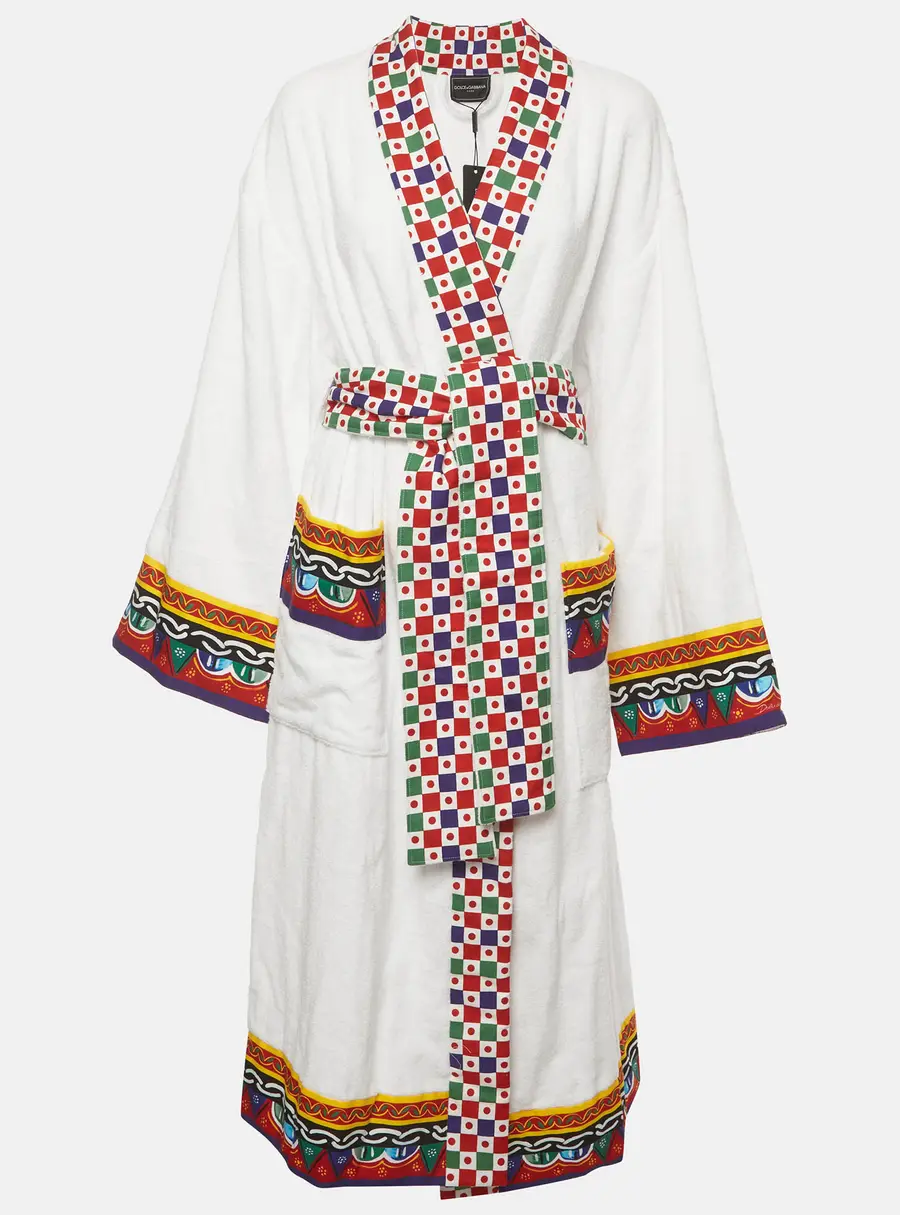 Dolce & Gabbana White Terry Long Sleeve Belted Bathrobe L