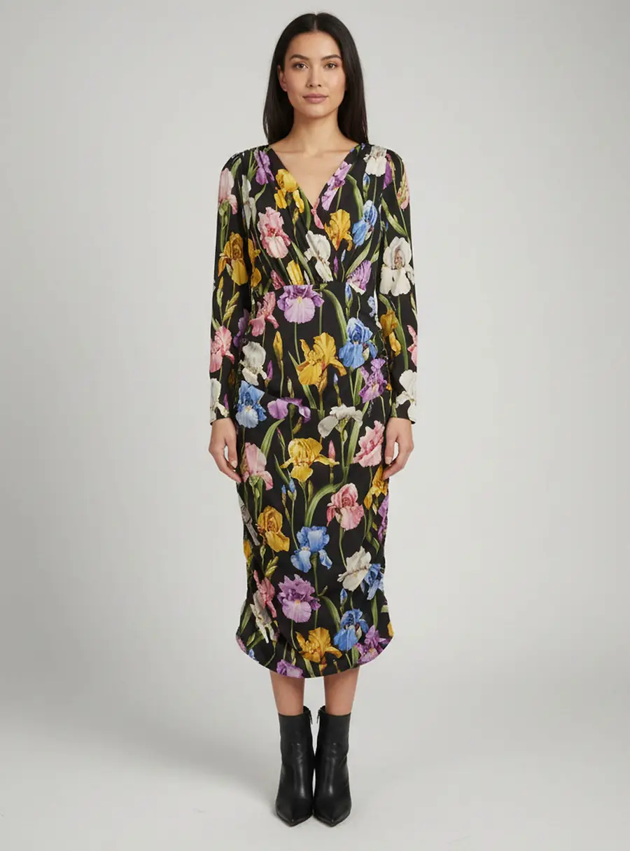 Dolce & Gabbana Black Floral Print Silk Ruched Dress XXXL