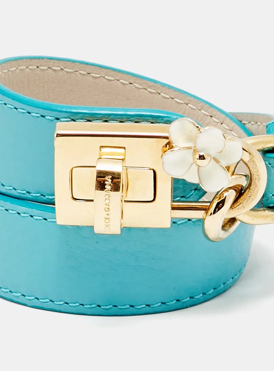 Dolce & Gabbana Teal Leather Lock Motif Gold Tone Wrap Bracelet
