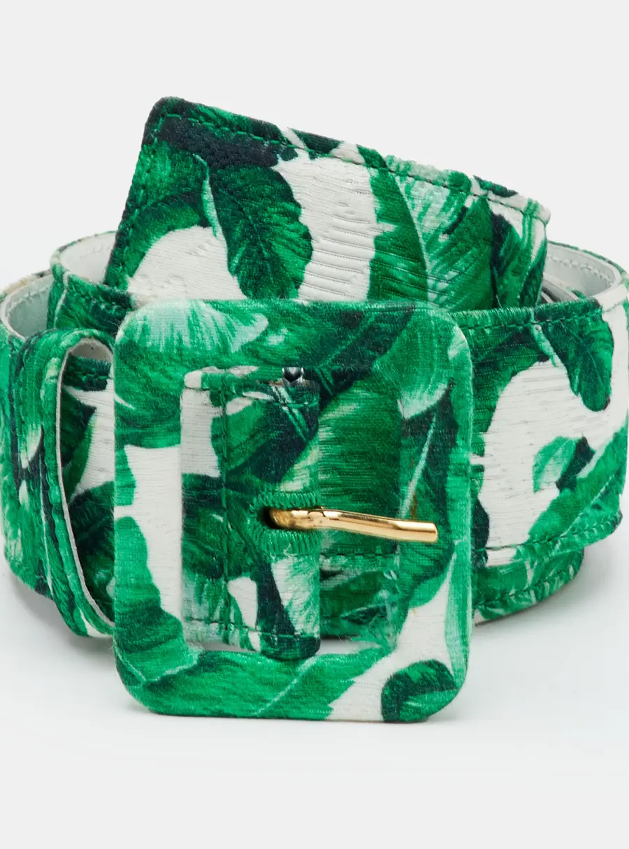 Dolce & Gabbana 90CM Green/White Banana Leaf Print Canvas Buckle Belt
