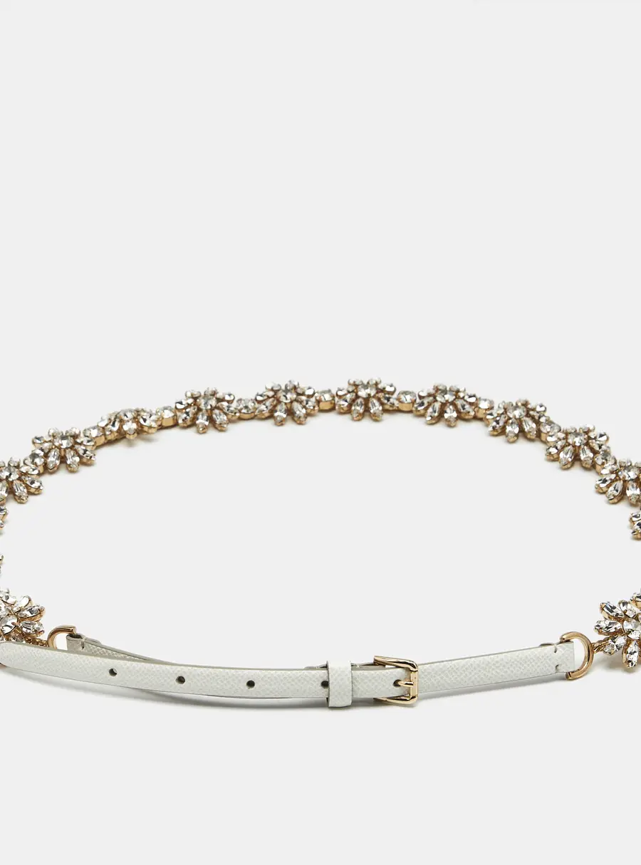 Dolce & Gabbana Floral Crystal Embellished Slim Buckle Belt White Leather