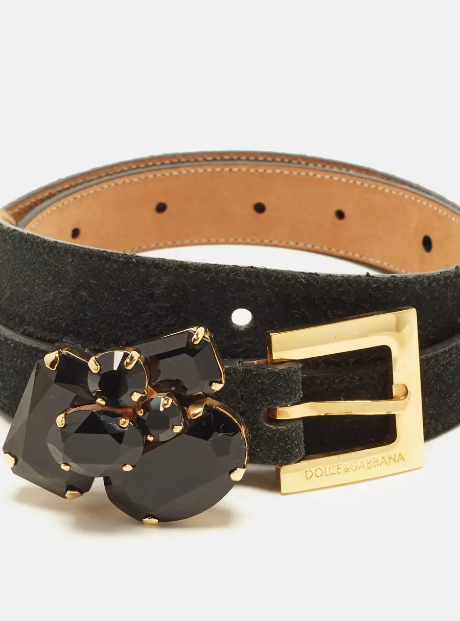 Dolce & Gabbana Crystal Embellished 70 CM Buckle Belt Black Suede