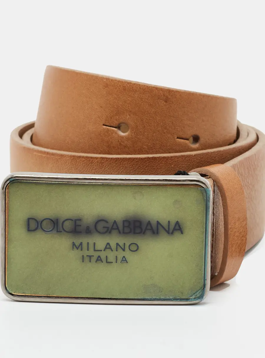 Dolce & Gabbana Logo Plague 90CM Waist Belt Tan Leather