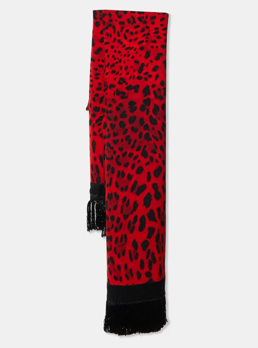Dolce & Gabbana Red Leopard Print Satin Fringed Scarf