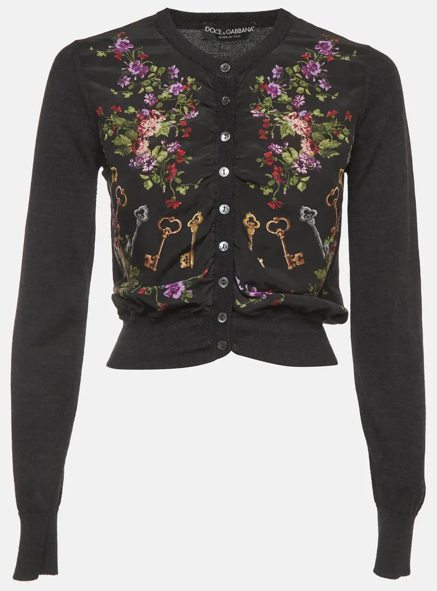 Dolce & Gabbana Grey Floral Print Silk and Knit Crop Cardigan M