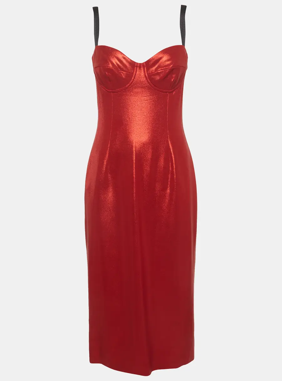 Dolce & Gabbana Red Lame Knit Sleeveless Midi Dress M