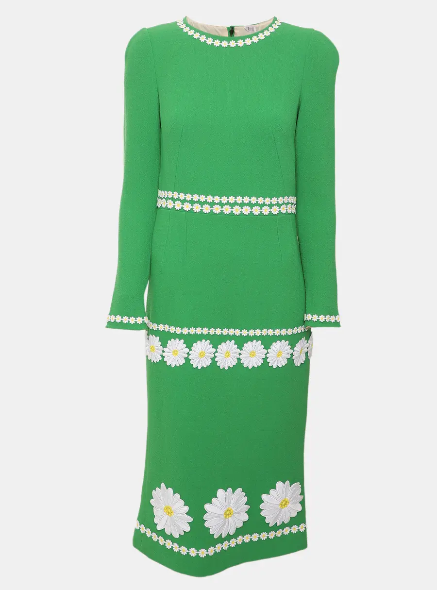 Dolce & Gabbana Green Stretch Crepe Daisy Embroidered Midi Dress M