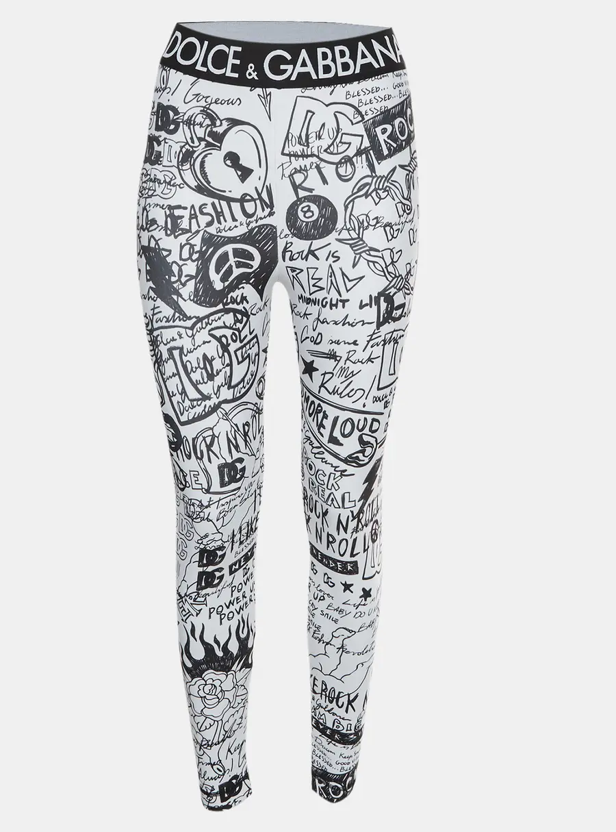 Dolce & Gabbana White Graffiti Print Technical Jersey Leggings M