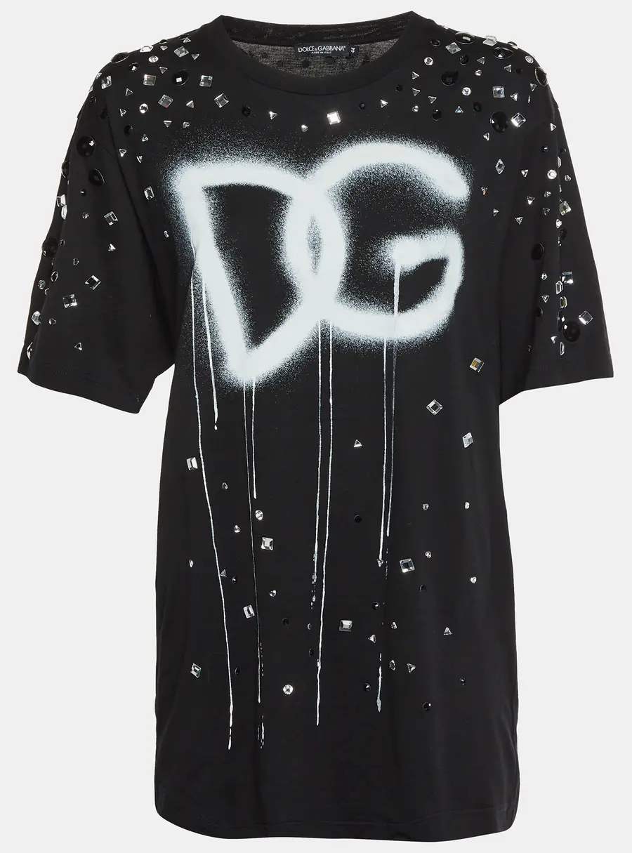 Dolce & Gabbana Black Logo Spray Painted Jersey Embellished T-Shirt M