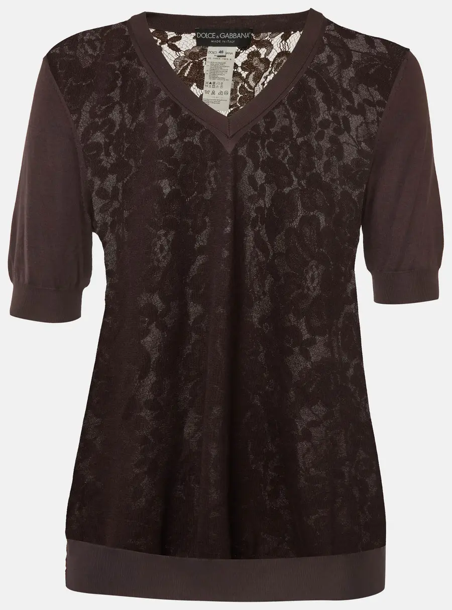 Dolce & Gabbana Brown Jersey and Lace Sheer Back Top L