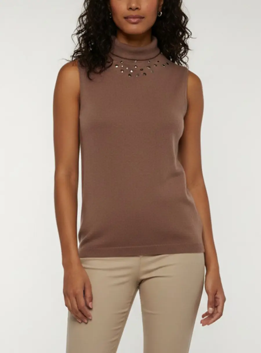 Fabiana Filippi Brown Stud Detail Knit Turtleneck Top XS