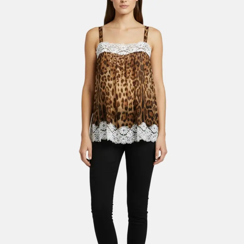 Dolce & Gabbana Brown Leopard Print Silk Blend Sheer Camisole M