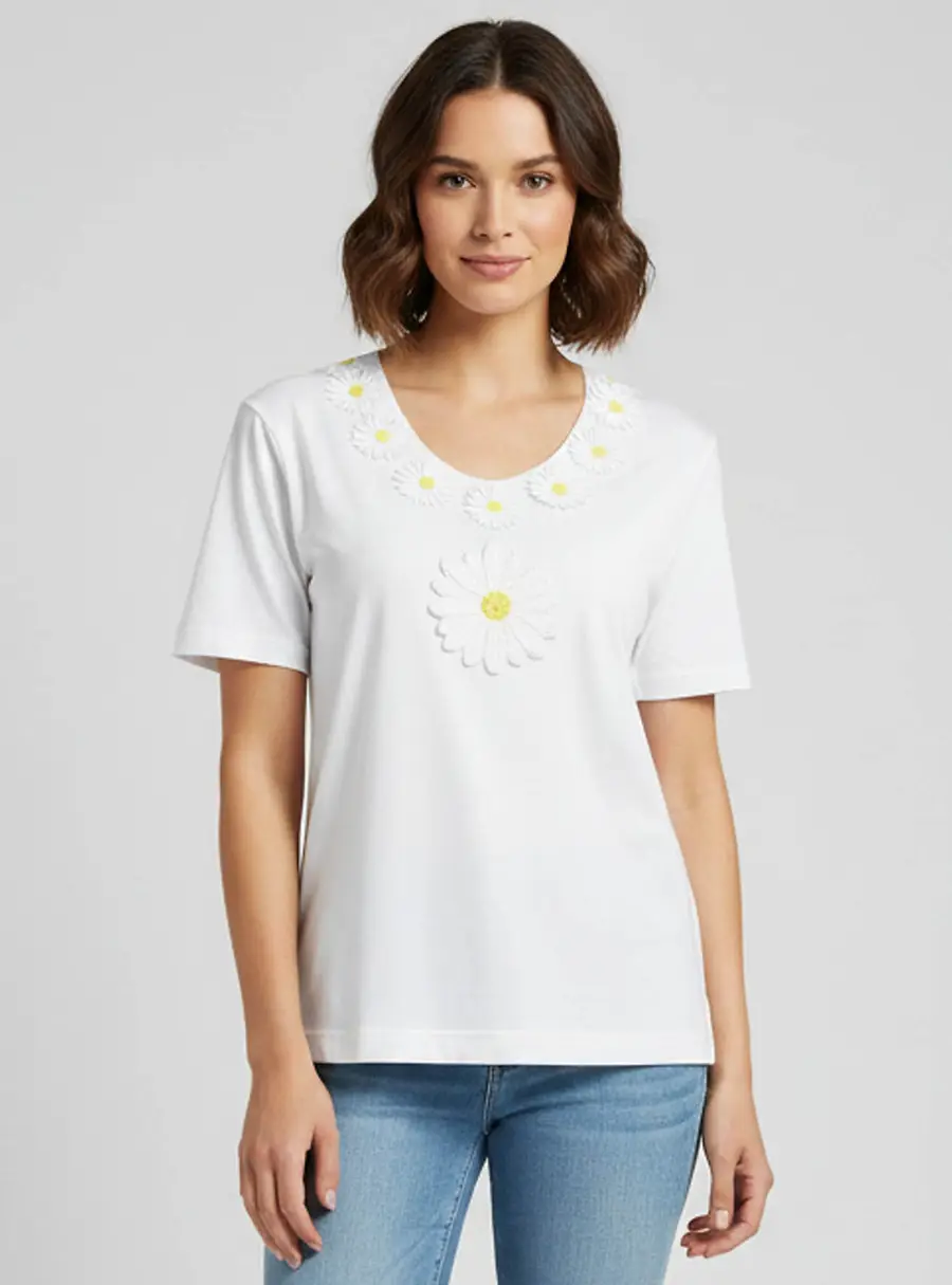 Dolce & Gabbana Off White Daisy Embellished Cotton Crewneck T-shirt M