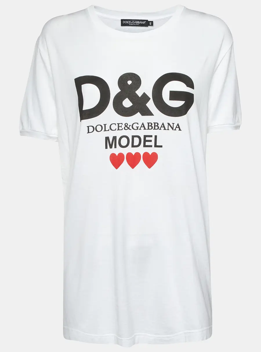 Dolce & Gabbana White Heart and Logo Print Jersey Crewneck T-Shirt L
