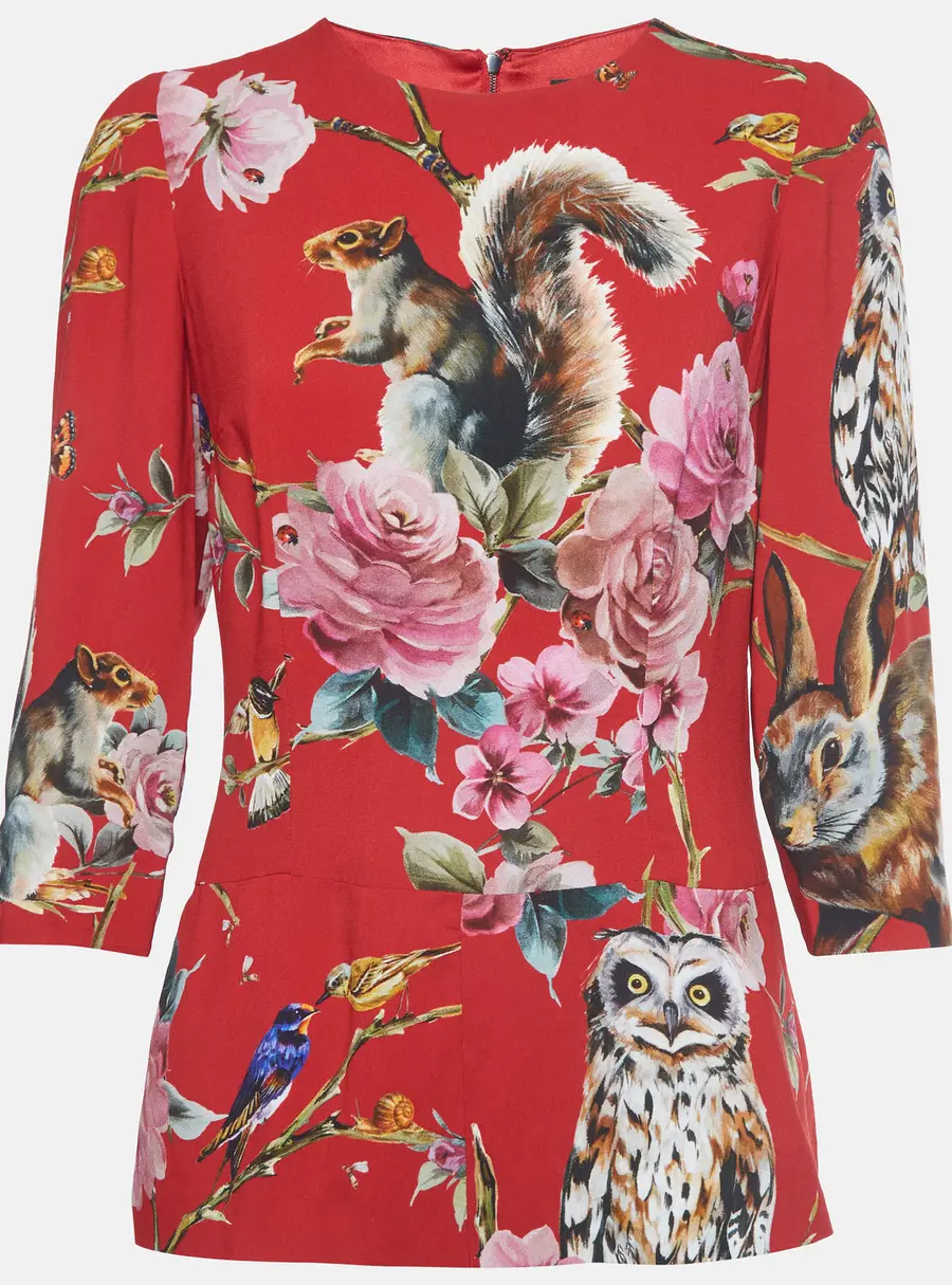 Dolce & Gabbana Red Enchanted Forest Print Crepe Long Sleeve Top S