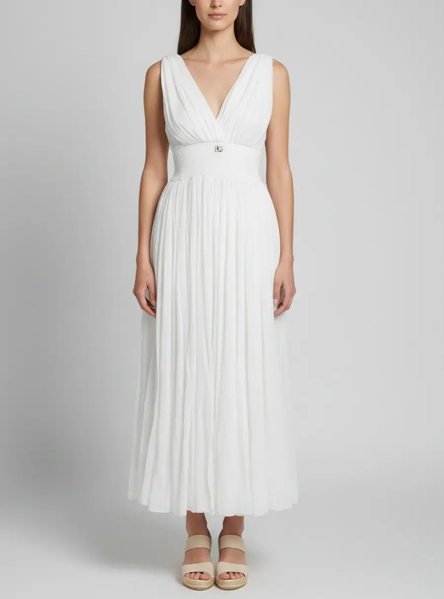 Dolce & Gabbana White Silk Crepe V-Neck Sheer Midi Dress XS