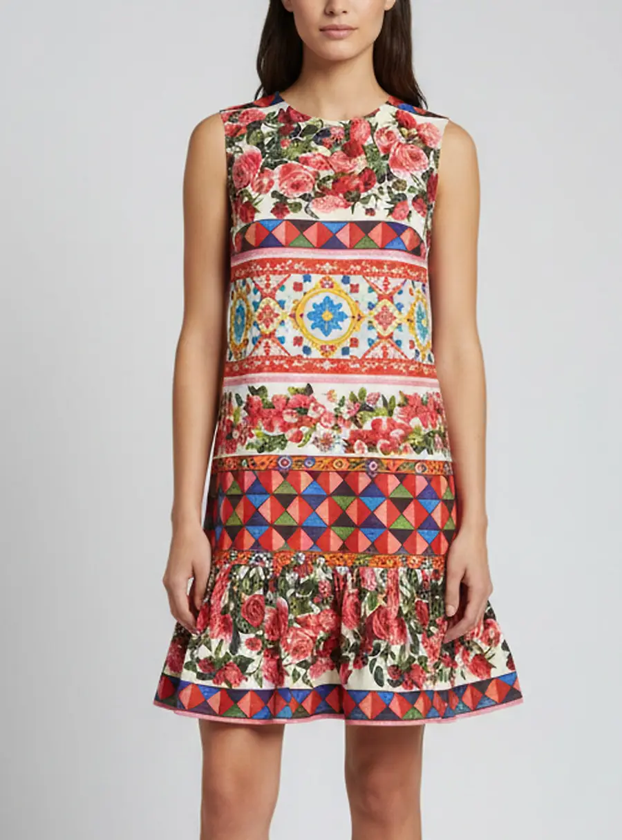 Dolce and Gabbana Multicolor Mambo Print Textured Cotton Mini Dress S