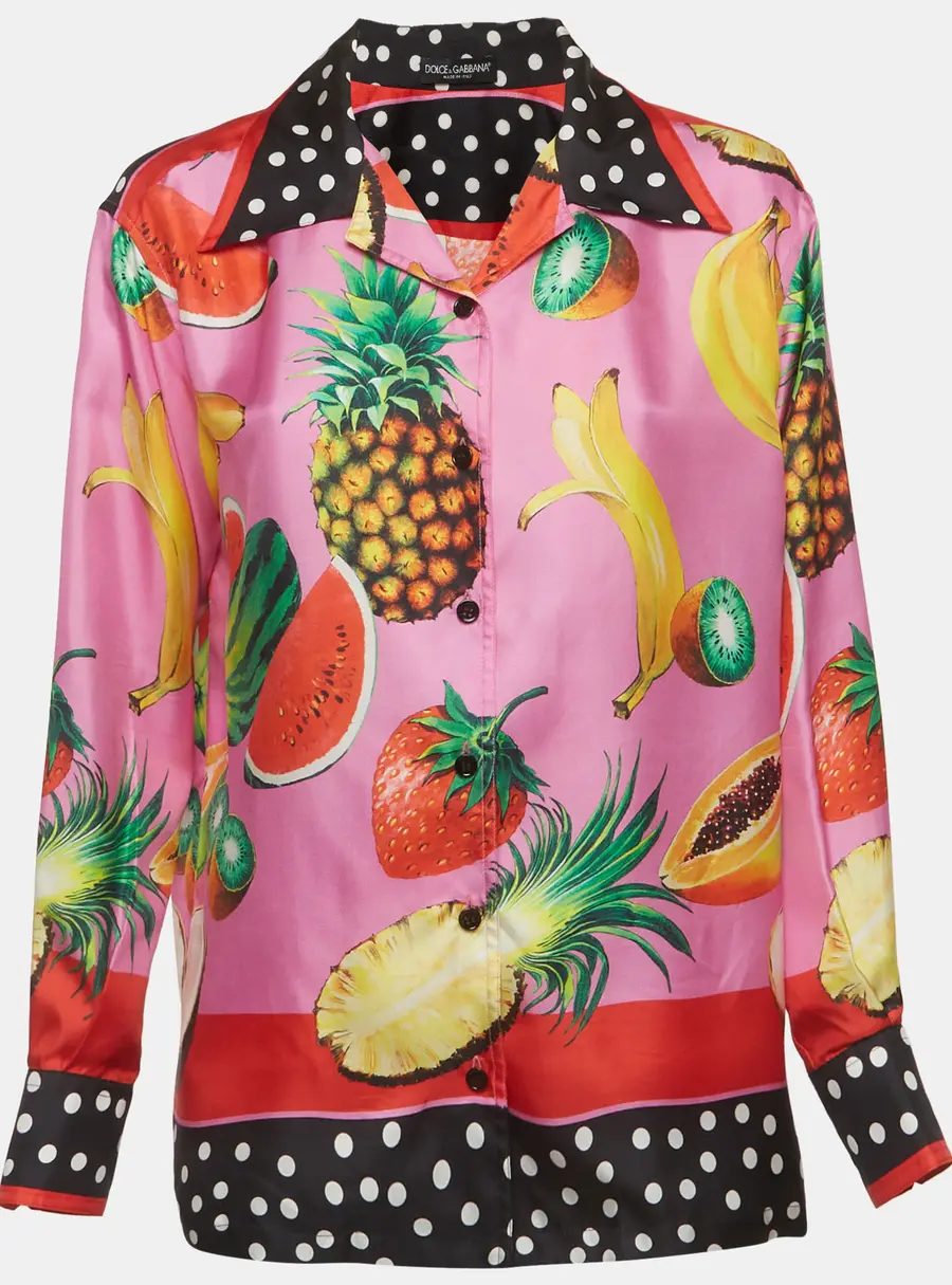 Dolce & Gabbana Pink Tropical Fruit and Polka Dot Print Satin Shirt XS