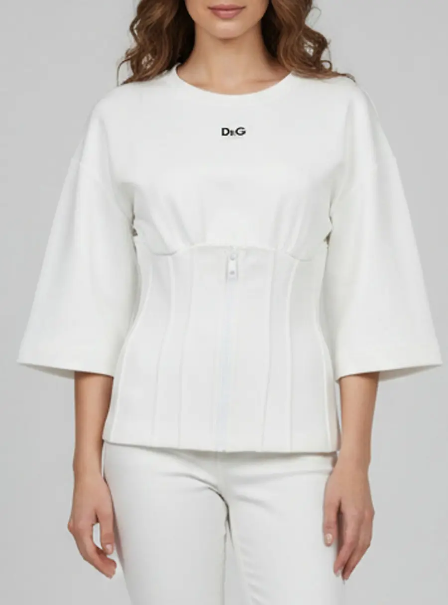 Dolce & Gabbana White Jersey Bustier Zip Up Crew Neck T-Shirt S
