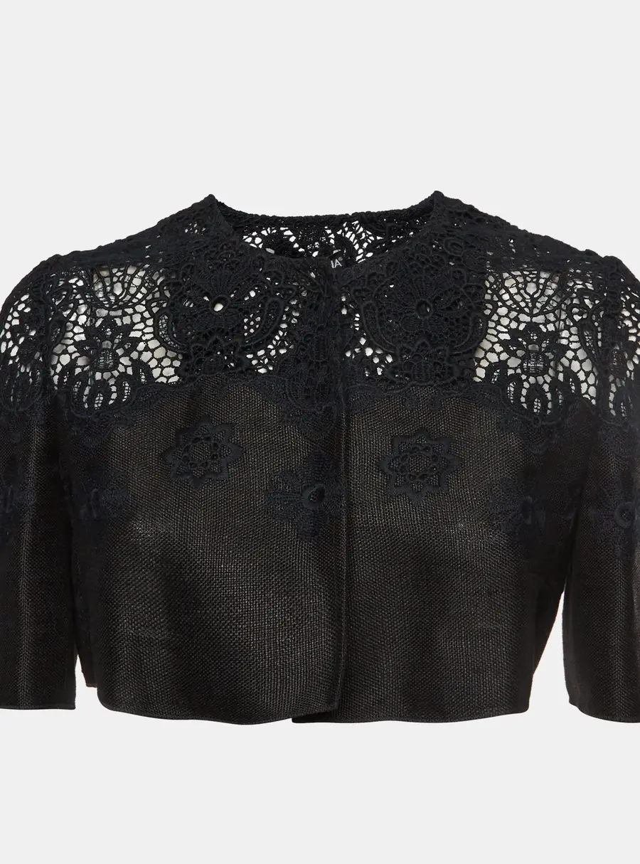 Dolce & Gabbana Black Linen Blend Lace Detail Cropped Jacket M