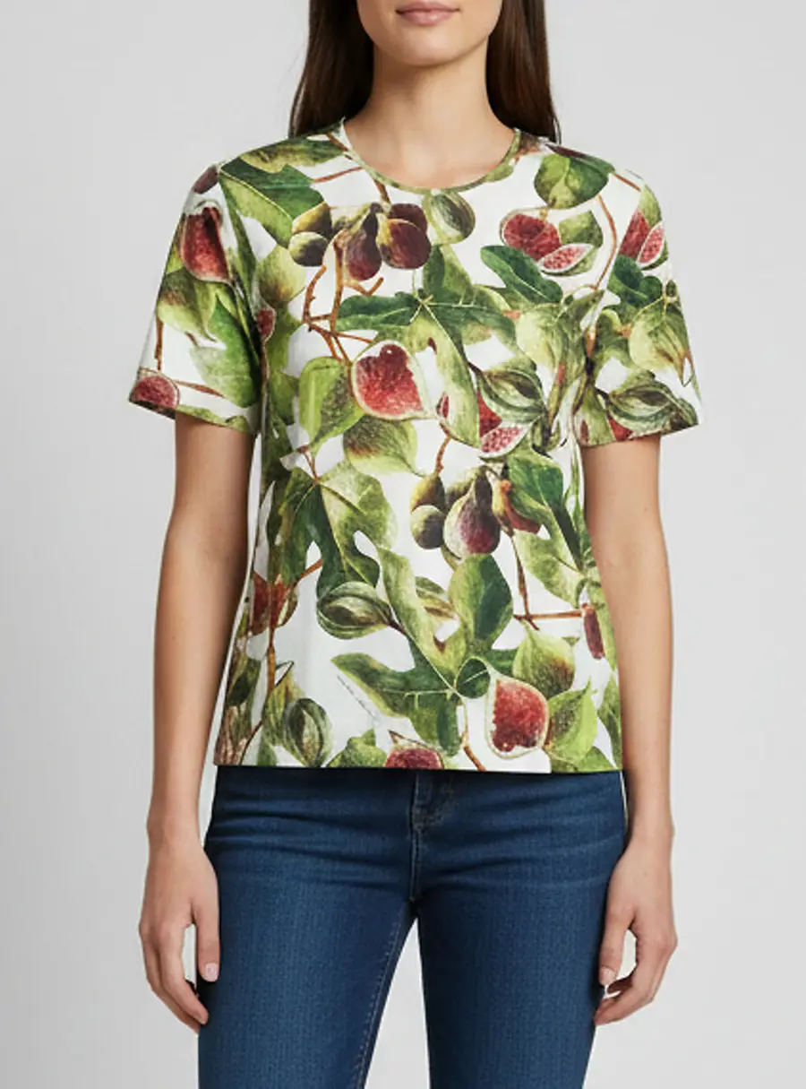 Dolce & Gabbana White/Green Fig Print Cotton Short Sleeve Top M