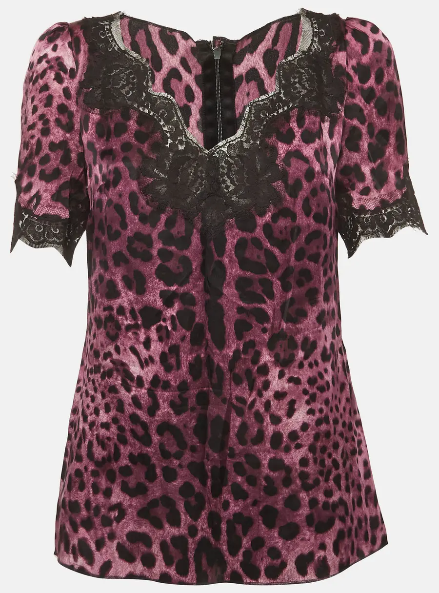 Dolce & Gabbana Purple Leopard Print Satin and Lace Trim Top S