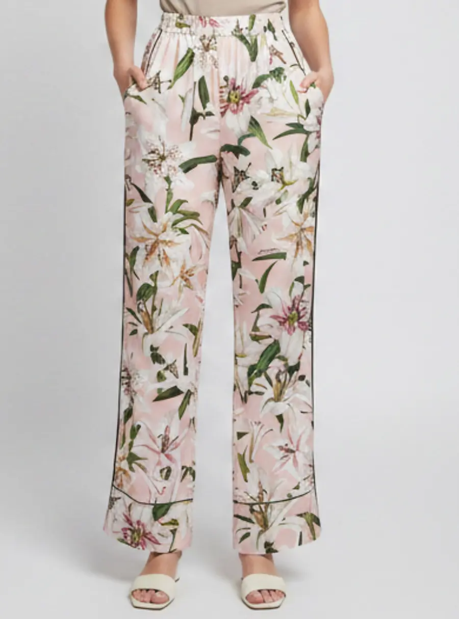 Dolce & Gabbana Pink Lily Print Satin Wide Leg Trousers S