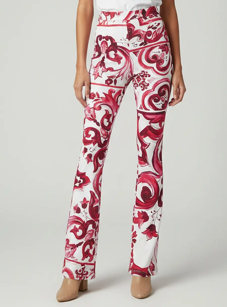 Dolce & Gabbana Pink/White Majolica Print Jersey Flared Pants S