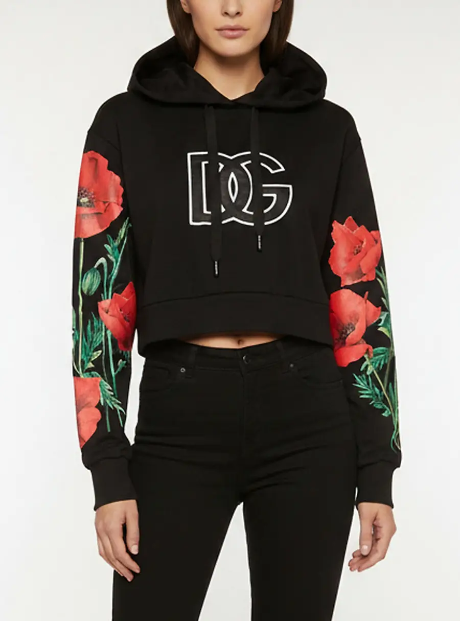 Dolce & Gabbana Black Floral Graphic Cotton Knit Cropped Hoodie XS