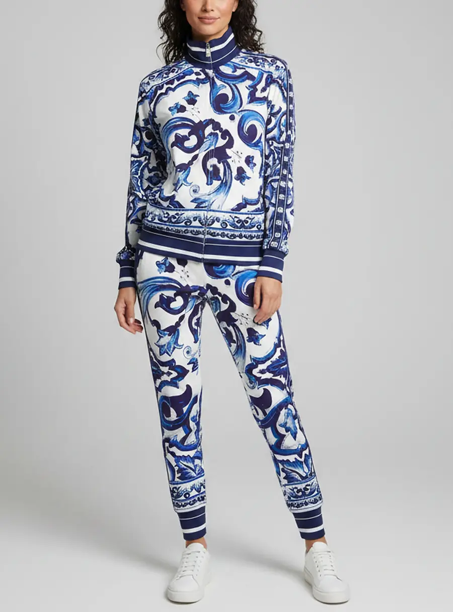 Dolce & Gabbana Blue Majolica Print Crepe Track Jacket and Pants Set XS