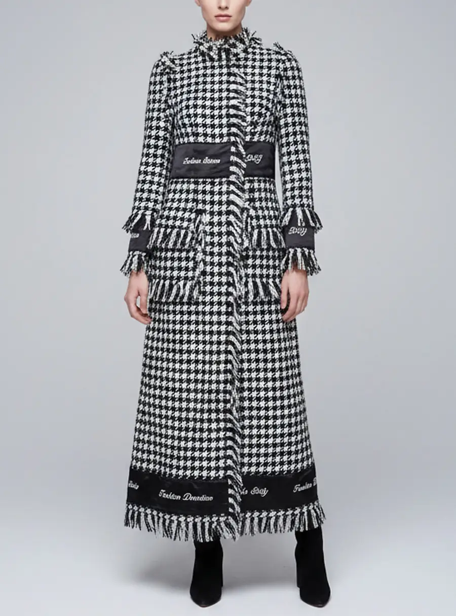 Dolce & Gabbana Monochrome Houndstooth Wool Fringed Long Coat S
