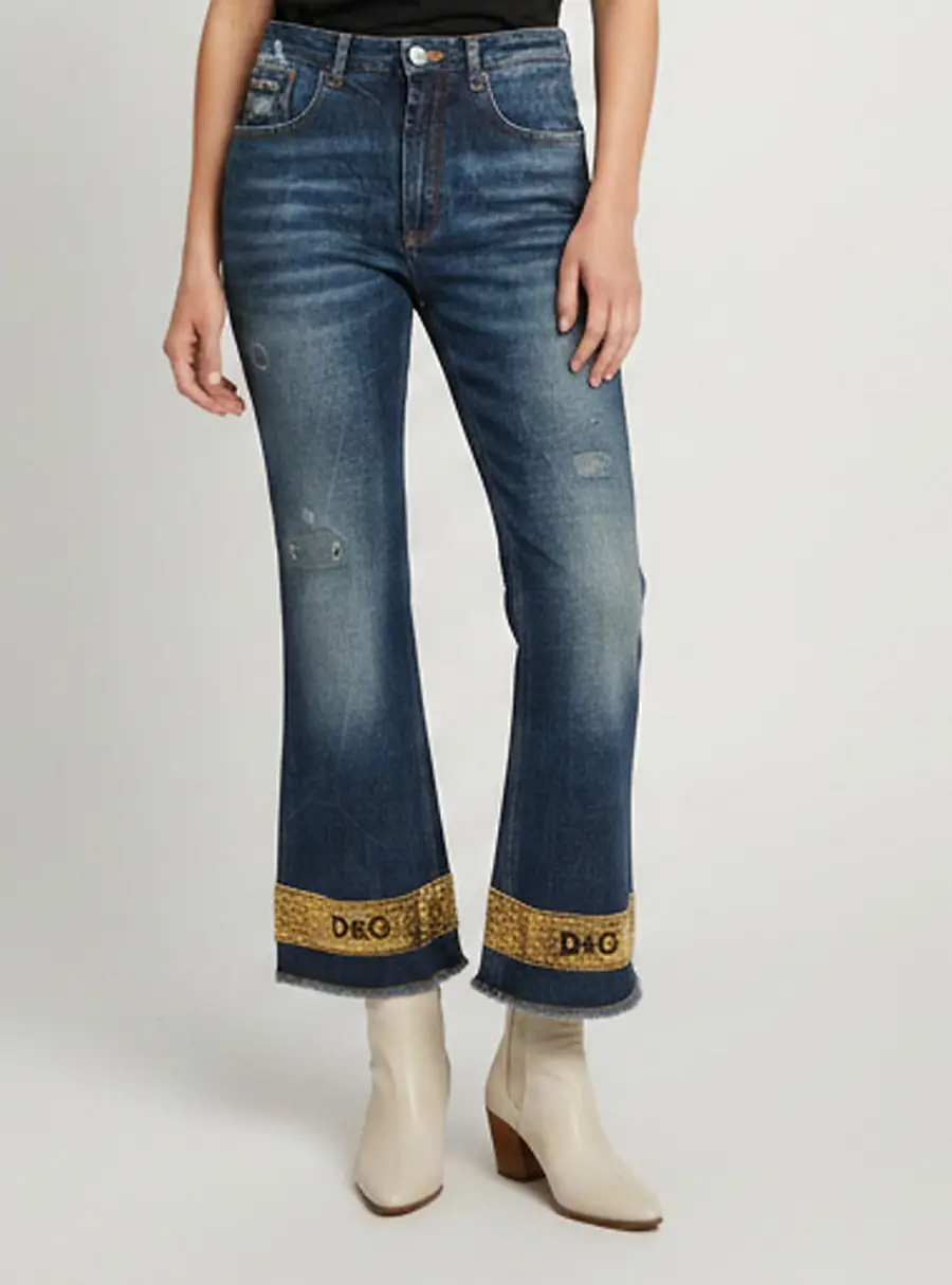 Dolce & Gabbana Blue Sequinned Logo Detail Denim Cropped Jeans M/Waist 29"