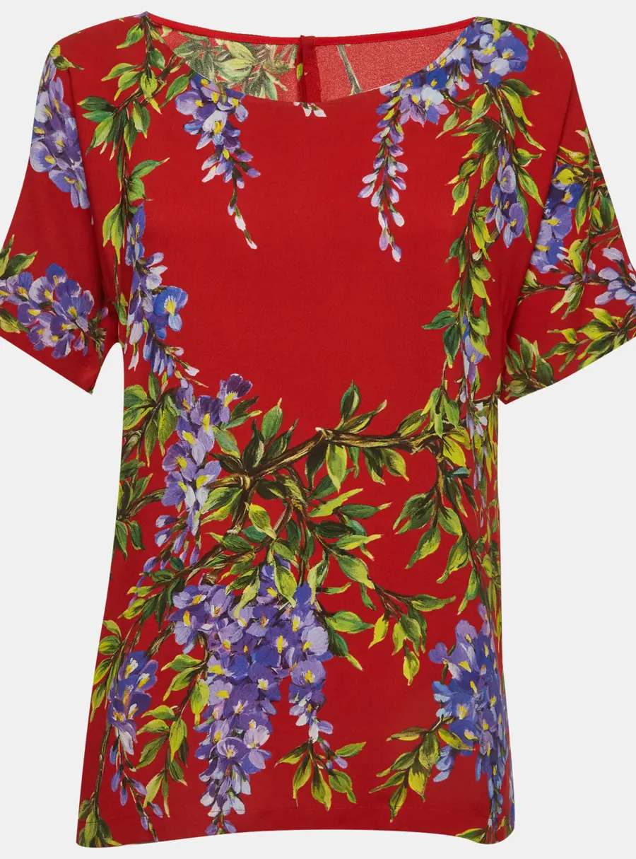 Dolce & Gabbana Red Wisteria Floral Print Crepe Short Sleeve Top S
