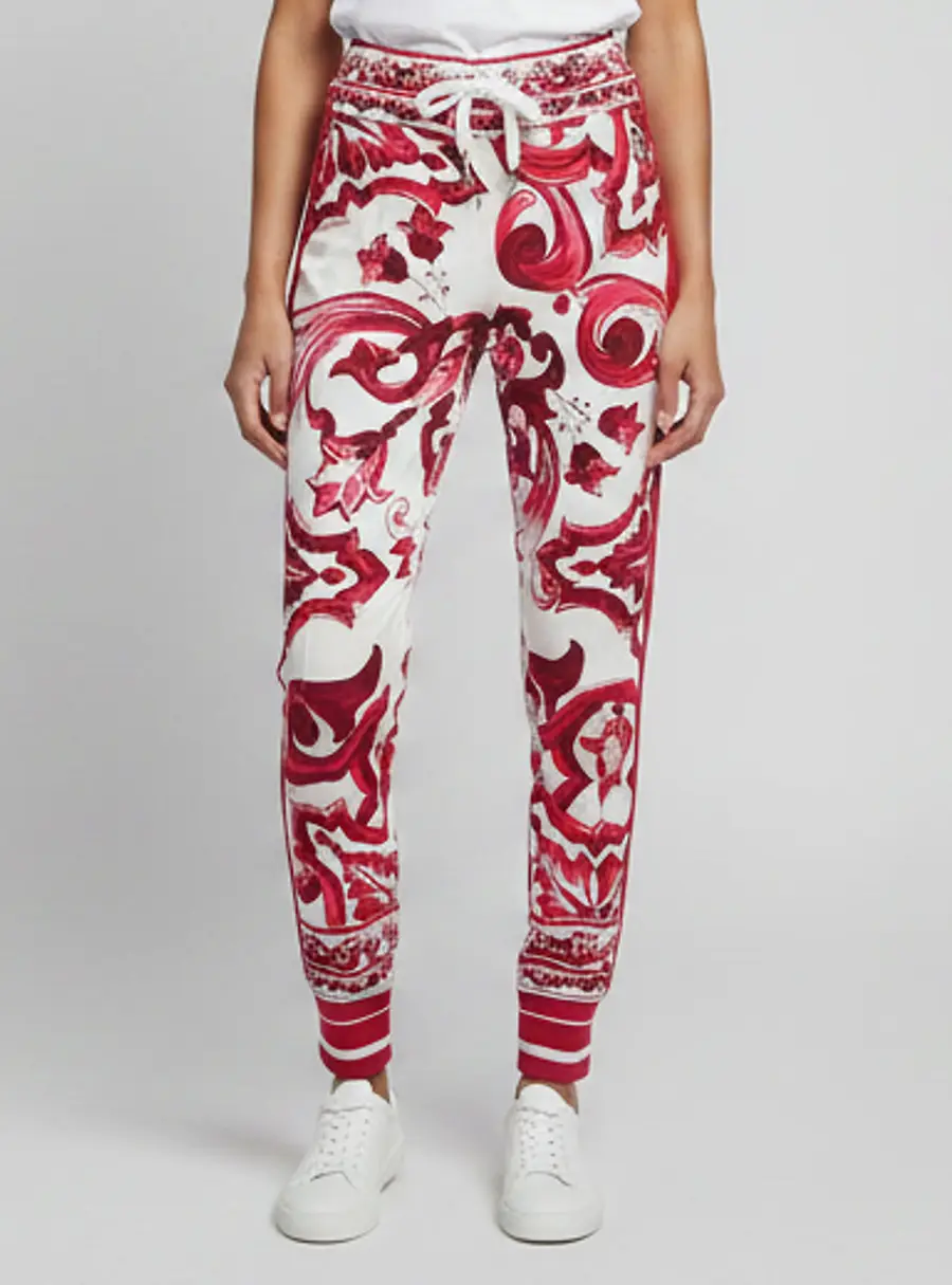 Dolce & Gabbana White/Pink Majolica Print Crepe Logo Tape Joggers XS