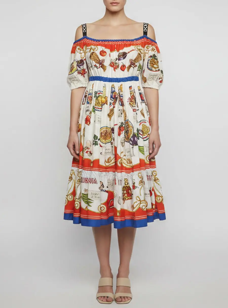 Dolce & Gabbana Multicolor Printed Cotton Off Shoulder Midi Dress XS