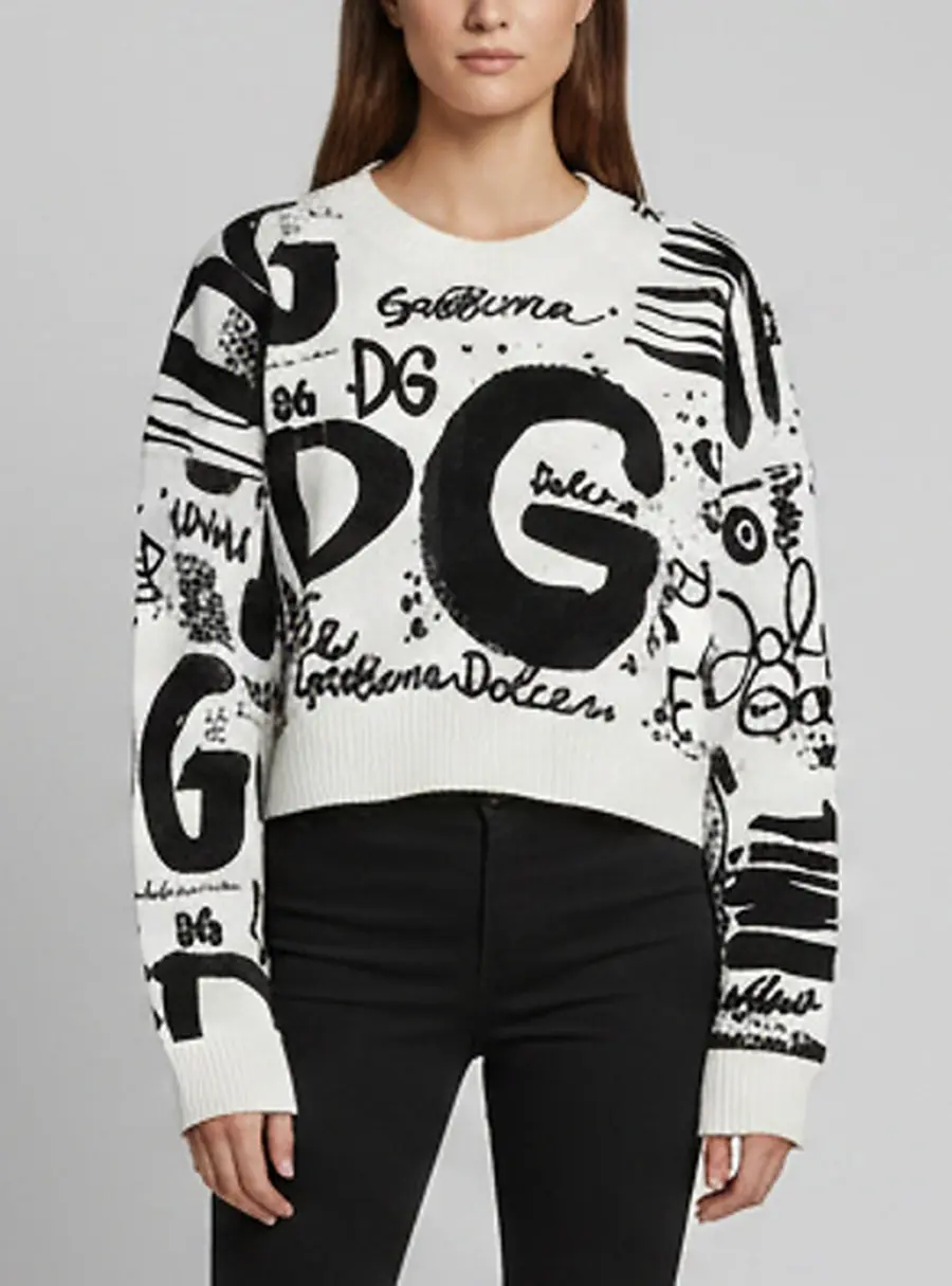 Dolce & Gabbana White/ Black Knit Long Sleeve Crewneck Sweater M