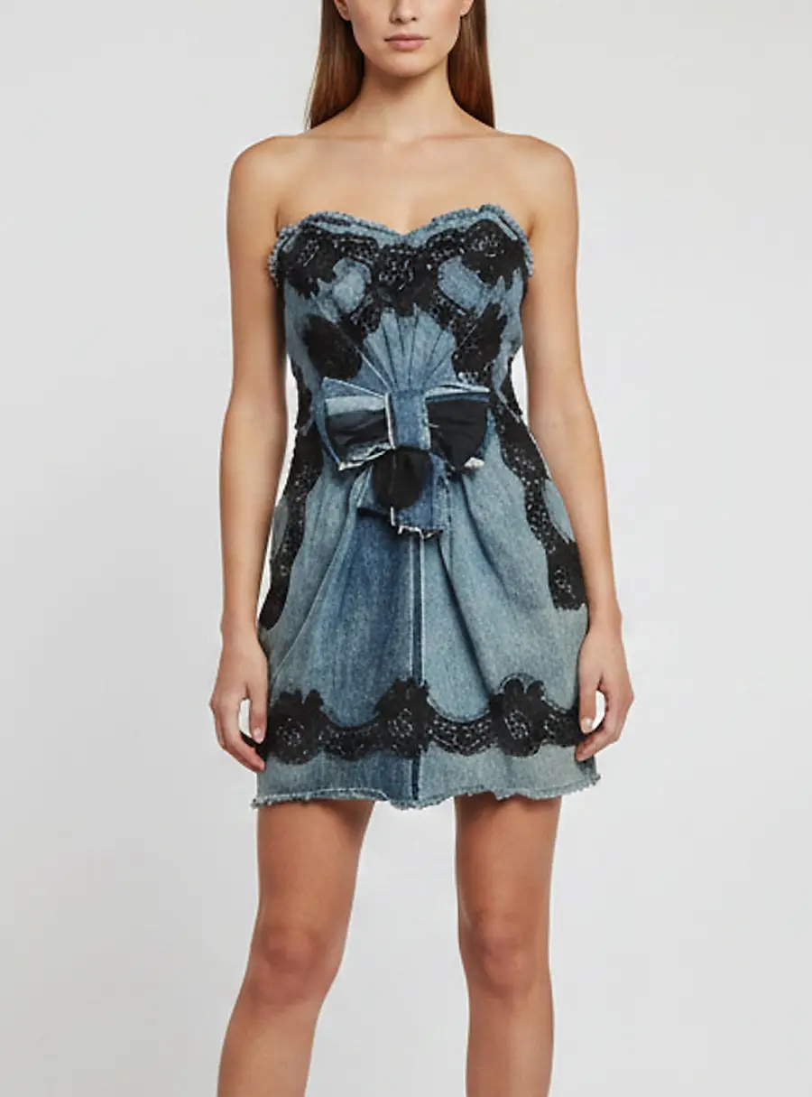 Dolce & Gabbana Blue Denim & Lace Trim Strapless Mini Dress S